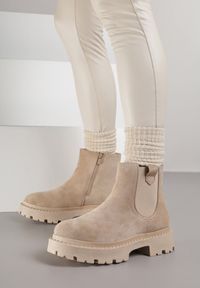 Born2be - Beżowe Botki Sztyblety na Platformie z Elastyczną Wstawką Isilinda. Okazja: na co dzień. Kolor: beżowy. Materiał: jeans. Obcas: na platformie. Styl: wizytowy, casual, elegancki #1