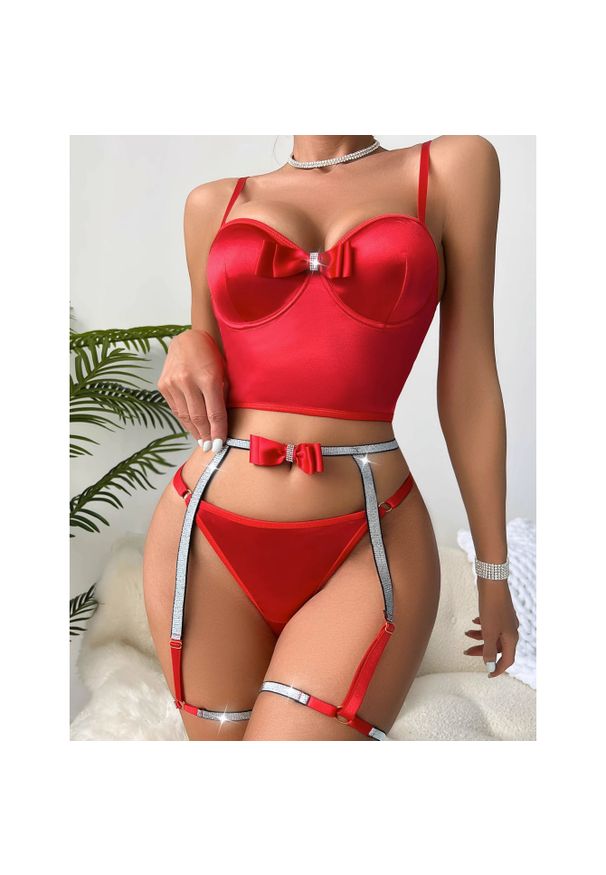 Intica - Komplet bielizny z body i pasem do pończoch z kokardą Iside. Kolor: czerwony. Materiał: materiał. Długość: długie