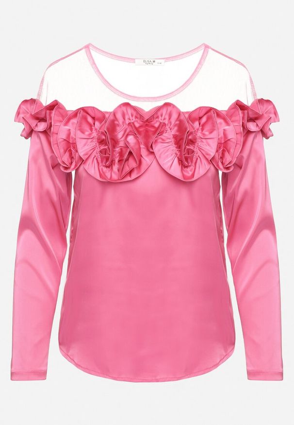 Born2be - Fuksjowa Bluzka Ozdobiona Falbanką i Siateczką Valuna. Kolor: różowy. Wzór: aplikacja