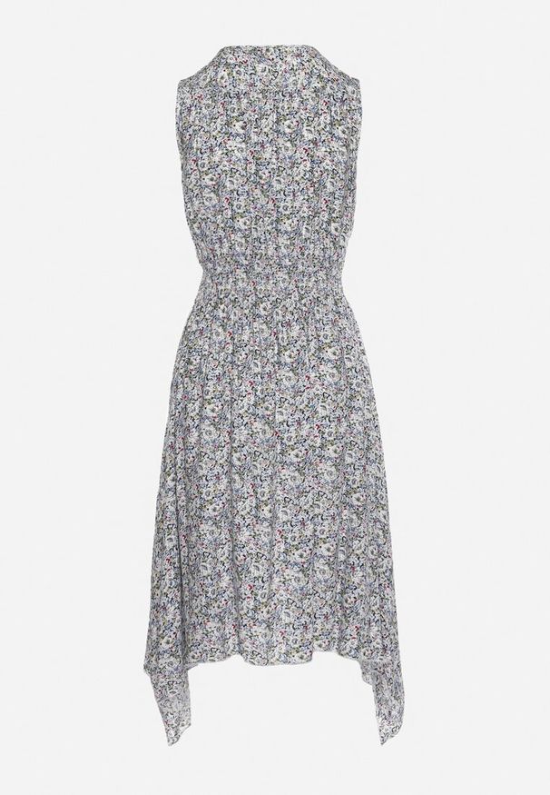 Born2be - Granatowo-Beżowa Sukienka z Elastycznej Bawełny z Asymetrycznym Dołem i Gumką w Pasie Penelorea. Okazja: na co dzień, na spacer. Typ kołnierza: dekolt w kształcie V. Kolor: niebieski. Materiał: bawełna. Typ sukienki: asymetryczne. Styl: casual, elegancki