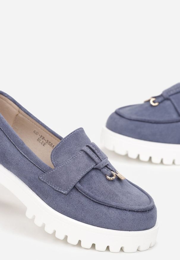 Renee - Niebiesko-Białe Mokasyny z Paskiem na Grubej Podeszwie Osani. Okazja: na co dzień. Zapięcie: pasek. Kolor: niebieski. Styl: casual