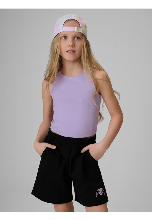 4f - 4F Crop top slim gładki dziewczęcy - fioletowy 164 (13-14 lat). Okazja: na co dzień. Kolor: fioletowy. Materiał: dzianina, skóra, materiał, bawełna. Długość: krótkie. Wzór: gładki. Sezon: lato. Styl: casual