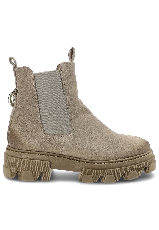 Beżowe Botki Dwunasty Shoes Damskie Stylowe Buty. Kolor: beżowy. Materiał: zamsz, materiał, skóra. Szerokość cholewki: normalna. Sezon: jesień, zima. Obcas: na obcasie. Styl: elegancki. Wysokość obcasa: niski
