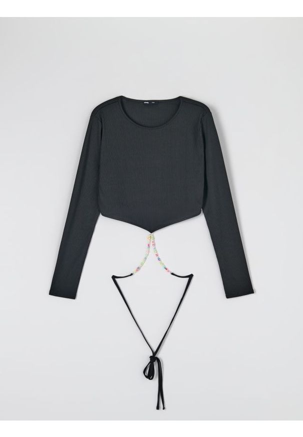 Sinsay - Bluzka z wiązaniem - czarny. Kolor: czarny. Materiał: włókno, materiał