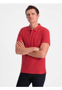 Ombre Clothing - Koszulka męska polo z dzianiny pique - ciemnoczerwony V14 - Rozmiar: XL. Typ kołnierza: polo. Kolor: czerwony. Materiał: dzianina. Wzór: haft. Styl: klasyczny