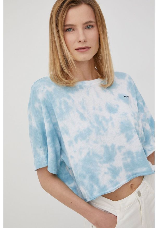 Roxy t-shirt damski. Kolor: niebieski. Materiał: dzianina. Wzór: nadruk