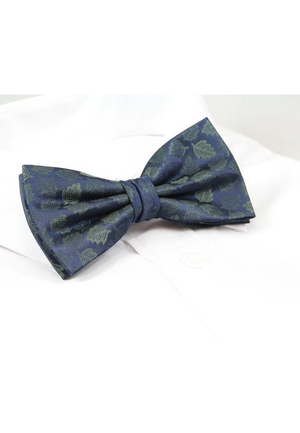Chattier - Mucha Granatowo-Zielona w Listki, z Białą Poszetką, Elegancka, Męska -CHATTIER. Kolor: niebieski. Materiał: poliester. Styl: elegancki
