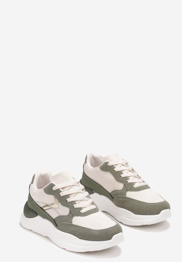 Born2be - Zielone Sneakersy z Modnymi Wstawkami i Grubą Podeszwą Neleca. Nosek buta: okrągły. Zapięcie: sznurówki. Kolor: zielony, beżowy. Materiał: materiał, syntetyk, nubuk. Obcas: na obcasie. Wysokość obcasa: niski