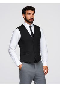 Ombre Clothing - Męska kamizelka garniturowa z klasycznym detalem i podszewką – czarna V4 - Rozmiar: L. Kolor: czarny. Materiał: materiał, wiskoza, poliester. Styl: klasyczny