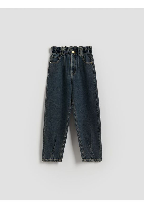 Reserved - Jeansy paperbag - granatowy. Kolor: niebieski