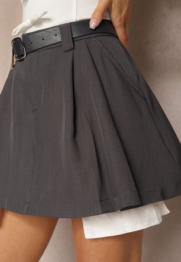 Renee - Szara Spódnica Plisowana High Waist o Rozkloszowanym Kroju z Paskiem Vimarae. Okazja: do pracy, na co dzień. Stan: podwyższony. Kolor: szary. Styl: casual