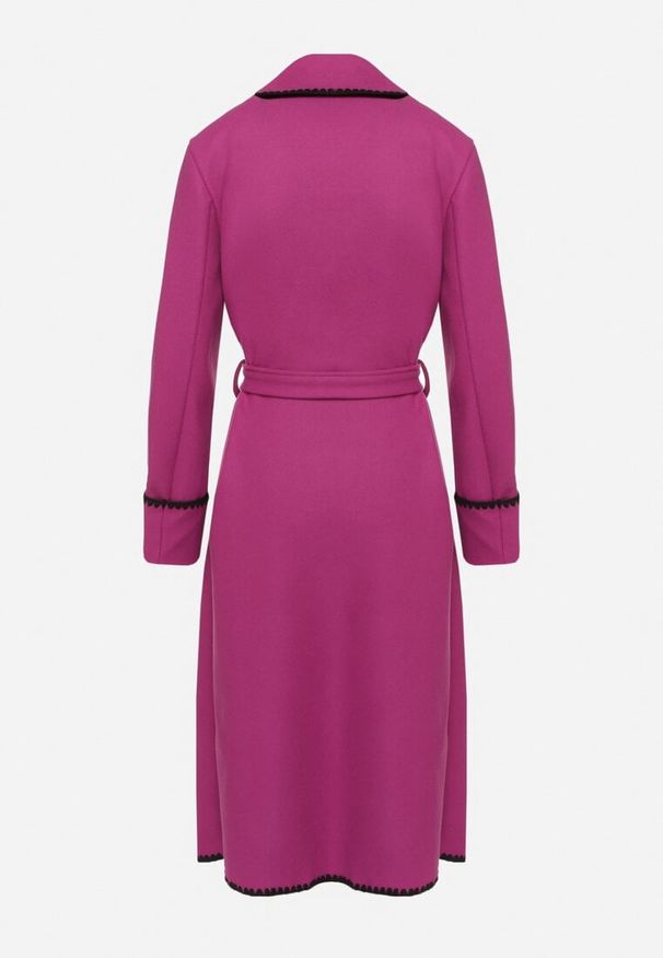 Born2be - Fioletowy Płaszcz z Kontrastowymi Obszyciami o Szlafrokowym Kroju z Wiązanym Paskiem Norenamia. Okazja: na co dzień, na spacer, na spotkanie biznesowe. Kolor: fioletowy. Długość rękawa: długi rękaw. Długość: długie. Styl: biznesowy, casual