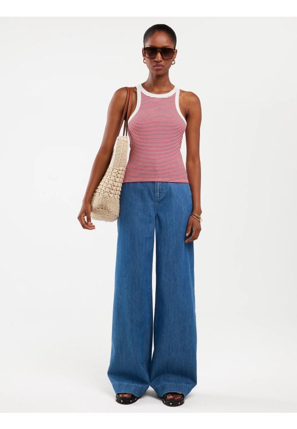 Big-Star - Koszulka damska na ramiączkach w prążek biało-czerwona Livia 603. Kolor: czerwony. Materiał: prążkowany, dzianina. Długość rękawa: na ramiączkach. Wzór: prążki. Sezon: lato. Styl: sportowy, wakacyjny