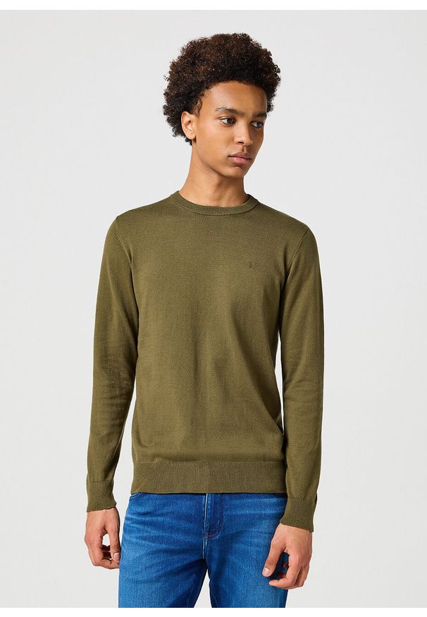 Wrangler - WRANGLER MĘSKI SWETER KNIT SWEATER IVY GREEN 112357202 W8F2016396. Okazja: na co dzień. Typ kołnierza: bez kaptura. Materiał: poliamid, wełna, materiał, bawełna, nylon. Długość rękawa: długi rękaw. Długość: długie. Styl: casual, elegancki