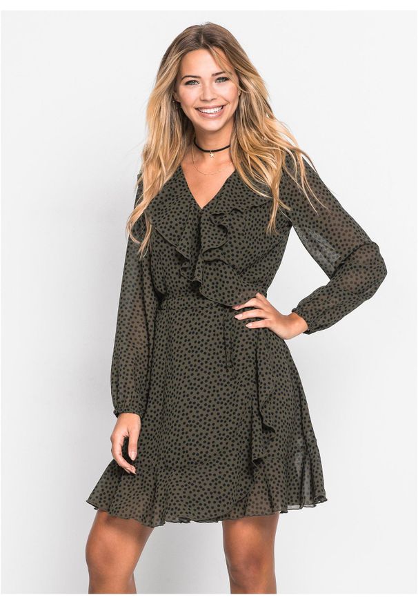 bonprix - Sukienka kopertowa mini. Kolor: zielony. Wzór: nadruk, kropki. Typ sukienki: kopertowe. Długość: mini