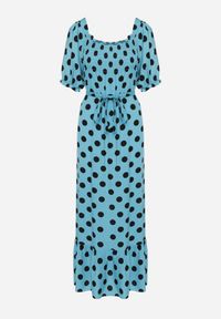 Born2be - Niebiesko-Czarna Sukienka z Bufiastymi Rękawami i Gumkami przy Dekolcie z Falbanką i Paskiem w Talii Tesree. Okazja: na co dzień. Typ kołnierza: dekolt kwadratowy. Kolor: niebieski. Materiał: bawełna, materiał. Styl: casual, retro #5