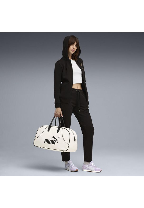 Puma - Damski dres z kapturem i metalicznym wykończeniem PUMA. Kolor: czarny, wielokolorowy, brązowy, zielony. Materiał: dresówka. Wzór: aplikacja. Sport: fitness