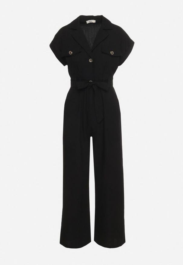 Born2be - Czarny Kombinezon z Krótkim Rękawem i Szerokimi Nogawkami z Materiałowym Paskiem Floeria. Okazja: na co dzień. Kolor: czarny. Materiał: materiał. Długość rękawa: krótki rękaw. Długość: krótkie. Styl: casual, elegancki, wizytowy