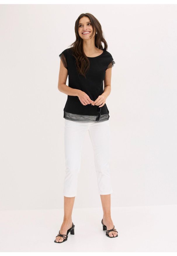bonprix - Bawełniany T-shirt o kroju pudełkowym. Kolor: czarny. Materiał: bawełna, koronka. Długość rękawa: krótki rękaw. Długość: krótkie. Wzór: koronka