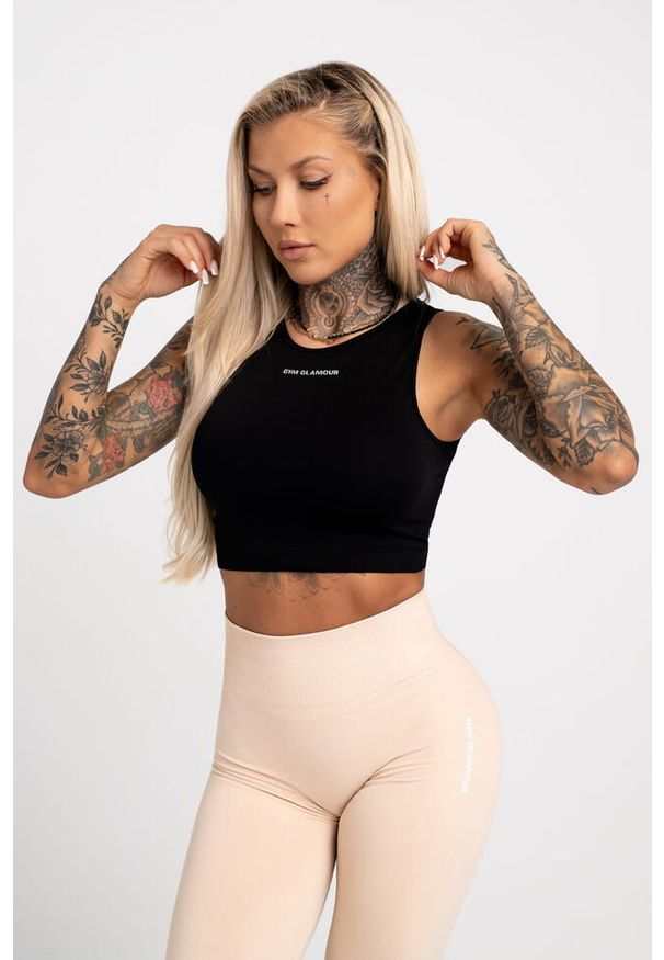GYM GLAMOUR - Top fitness damski Gym Glamour wiązany. Kolor: czarny. Sport: fitness