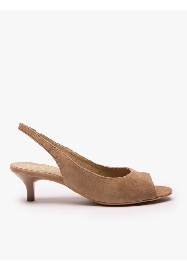 Ryłko - Jasnobrązowe czółenka slingback. Okazja: na co dzień. Nosek buta: okrągły. Kolor: brązowy. Materiał: welur, skóra. Szerokość cholewki: normalna. Obcas: na obcasie. Styl: street, elegancki, casual. Wysokość obcasa: średni