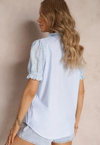 Renee - Niebieska Koszula z Bufiastymi Rękawami i Koronkowymi Wstawkami Rathima. Okazja: na co dzień. Kolor: niebieski. Materiał: koronka. Wzór: ażurowy. Styl: casual #3