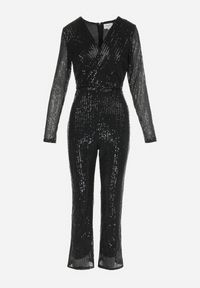 Born2be - Czarny Kombinezon w Cekiny z Kopertowym Dekoltem i Szerokimi Nogawkami Inile. Kolor: czarny. Materiał: materiał. Wzór: aplikacja. Styl: wizytowy #2