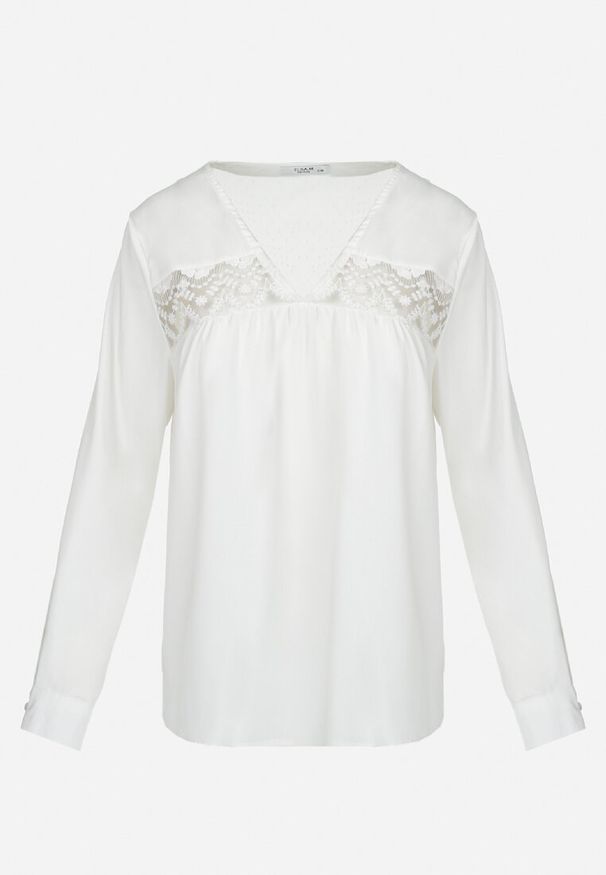 Born2be - Biała Bluzka z Haftem Destyn. Kolor: biały. Materiał: tiul, koronka. Długość rękawa: długi rękaw. Długość: długie. Wzór: haft