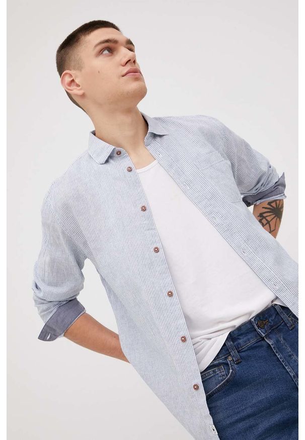 Tom Tailor koszula lniana męska regular z kołnierzykiem klasycznym. Typ kołnierza: kołnierzyk klasyczny. Kolor: niebieski. Materiał: len. Styl: klasyczny
