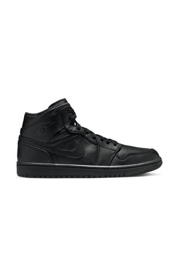 Buty do chodzenia męskie Nike Air Jordan 1 Mid. Wysokość cholewki: za kostkę. Zapięcie: sznurówki. Kolor: czarny. Materiał: guma, syntetyk, materiał. Szerokość cholewki: normalna. Model: Nike Air Jordan. Sport: turystyka piesza