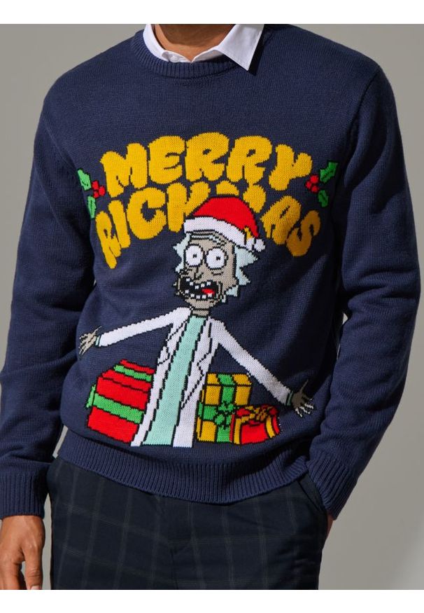 Sinsay - Sweter świąteczny Rick and Morty - granatowy. Kolor: niebieski. Długość rękawa: długi rękaw. Długość: długie. Wzór: nadruk. Styl: wizytowy