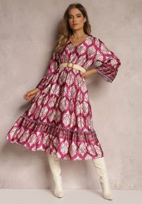 Renee - Fuksjowa Sukienka Rozkloszowana z Paskiem w Talii Zosho. Kolor: różowy. Materiał: tkanina. Sezon: wiosna, jesień #4