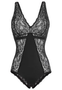 bonprix - Body bez fiszbinów z delikatną koronką. Kolor: czarny. Materiał: koronka. Wzór: koronka #1