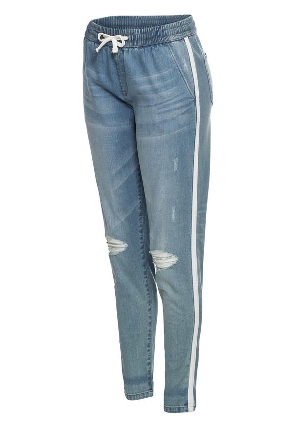 Dżinsy BAGGY z elastycznym paskiem z wiązanym troczkiem bonprix niebieski "bleached”. Kolor: niebieski. Materiał: materiał, bawełna, elastan