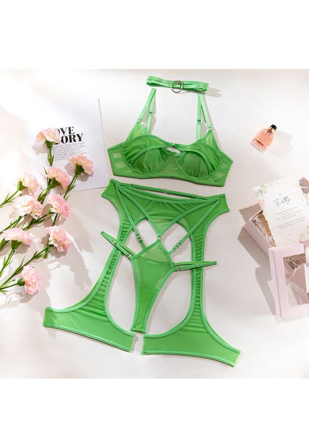 Intica - Pas do pończoch z zestawem na romantyczne wieczory Chihoko. Kolor: zielony. Materiał: materiał