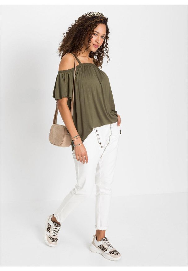 bonprix - T-shirt z odkrytymi ramionami z miękkiej wiskozy. Kolor: zielony. Materiał: wiskoza, koronka. Wzór: koronka