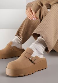 Born2be - Beżowe Niskie Śniegowce na Grubej Podeszwie Zdobione Sprzączką Vetiare. Nosek buta: okrągły. Zapięcie: sprzączka. Kolor: beżowy. Wzór: aplikacja. Materiał: zamsz, futro. Sezon: zima. Obcas: na koturnie. Styl: klasyczny. Wysokość obcasa: średni #1