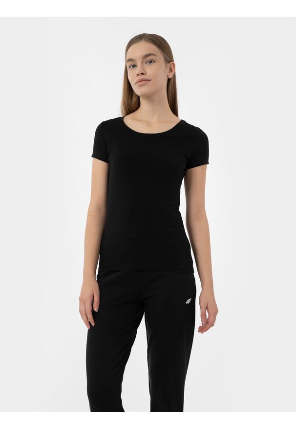 4f - T-shirt regular gładki damski. Kolor: czarny. Materiał: bawełna, dzianina. Wzór: gładki