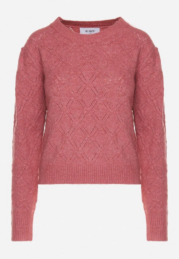 Born2be - Różowy Klasyczny Sweter Ozdobiony Tłoczeniem Derista. Okazja: na co dzień. Kolor: różowy. Materiał: jeans. Wzór: aplikacja. Styl: klasyczny