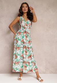 Renee - Zielona Rozkloszowana Sukienka Maxi z Gumkami w Pasie w Kwiaty Sasta. Kolor: zielony. Materiał: tkanina. Wzór: kwiaty. Długość: maxi
