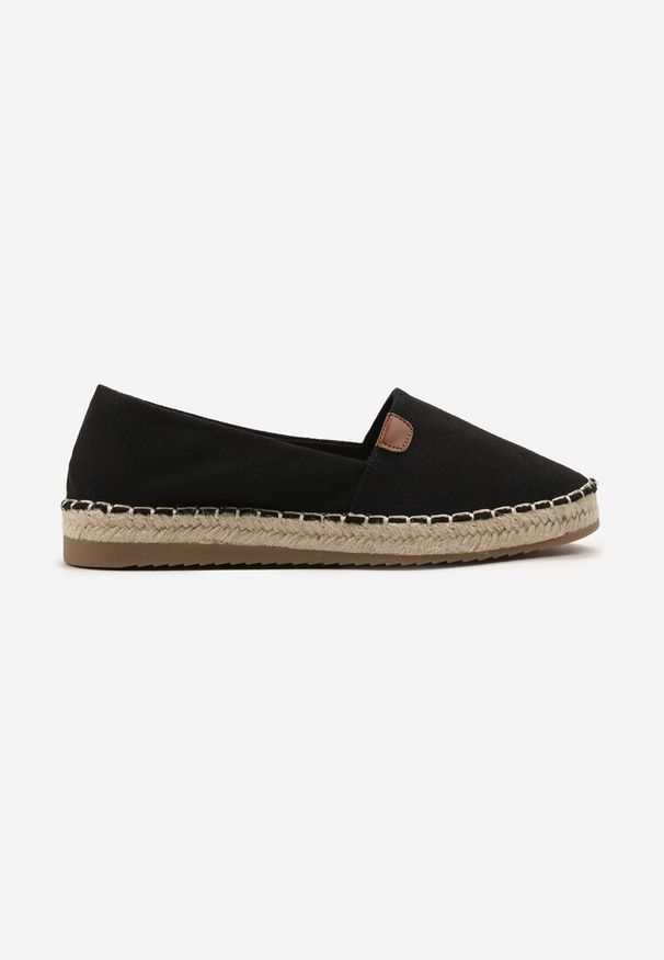 Born2be - Czarne Espadryle na Płaskiej Podeszwie Ozdobione Plecionką z Juty Vethalia. Okazja: na spacer. Zapięcie: bez zapięcia. Kolor: czarny. Materiał: len, jeans. Wzór: aplikacja. Sezon: lato. Obcas: na płaskiej podeszwie
