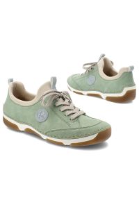 Półbuty damskie Rieker, cholewka skóra ekologiczna wsuwane niski fason zaokrąglony nosek kontrastowe elementy kolorystyczne pętla z tyłu masywna lini. Okazja: na spacer, na co dzień. Zapięcie: bez zapięcia. Kolor: zielony. Materiał: skóra ekologiczna. Szerokość cholewki: normalna. Styl: casual, elegancki, sportowy, klasyczny #7