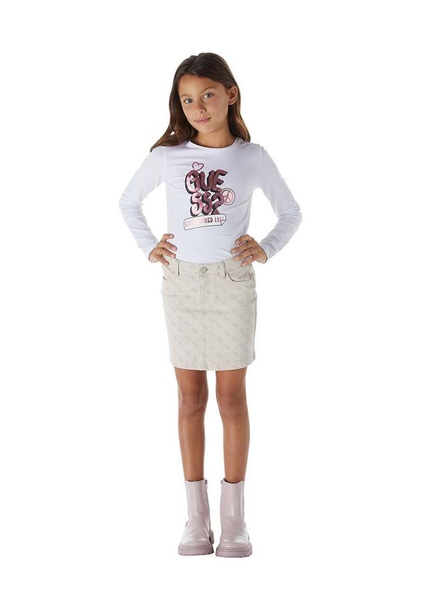 Guess spódnica jeansowa dziecięca kolor beżowy mini prosta. Okazja: na co dzień. Kolor: beżowy. Materiał: jeans. Styl: casual