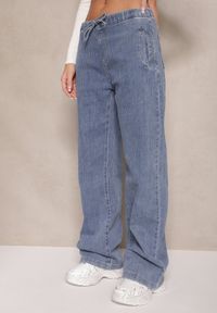 Renee - Niebieskie Jeansy High Waist z Szeroką Nogawką i Gumką w Talii Norvila. Okazja: na co dzień. Stan: podwyższony. Kolor: niebieski. Wzór: aplikacja. Styl: wizytowy, elegancki, casual #5