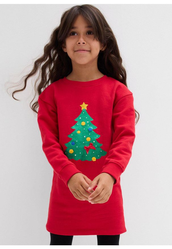 bonprix - Sukienka dresowa ze świątecznym motywem. Kolor: czerwony. Materiał: dresówka. Styl: wizytowy