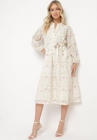 Born2be - Beżowa Rozkloszowana Sukienka w Kwiaty z Paskiem w Talii Dimtia. Okazja: na co dzień. Typ kołnierza: dekolt w kształcie V. Kolor: beżowy. Wzór: kwiaty. Sezon: wiosna, lato. Typ sukienki: proste. Styl: casual, elegancki #4