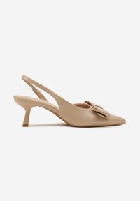 Renee - Ciemnobeżowe Sandały Vices na Kaczuszce Slingback z Kokardą i Nitami Fennadia. Okazja: na co dzień, na spacer. Zapięcie: sprzączka. Kolor: beżowy. Materiał: jeans. Obcas: na szpilce. Styl: klasyczny, elegancki, casual. Wysokość obcasa: średni #3
