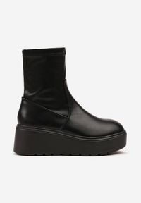 Born2be - Czarne Botki Vices na Koturnie z Przylegającą Cholewką Falomia. Okazja: na co dzień. Kolor: czarny. Materiał: jeans, skóra. Szerokość cholewki: normalna. Obcas: na koturnie. Styl: wizytowy, casual, elegancki #3