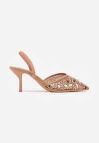 Renee - Ciemnobeżowe Szpilki Slingback Ozdobione Cekinami Vikiraie. Nosek buta: otwarty. Kolor: beżowy. Materiał: skóra. Wzór: aplikacja. Obcas: na szpilce. Styl: elegancki #7