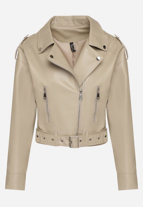 Born2be - Beżowa Kurtka Ramoneska z Klamrami Sesariah. Okazja: na co dzień. Kolor: beżowy. Materiał: jeans. Długość rękawa: krótki rękaw. Długość: krótkie. Sezon: wiosna. Styl: casual, elegancki, rockowy